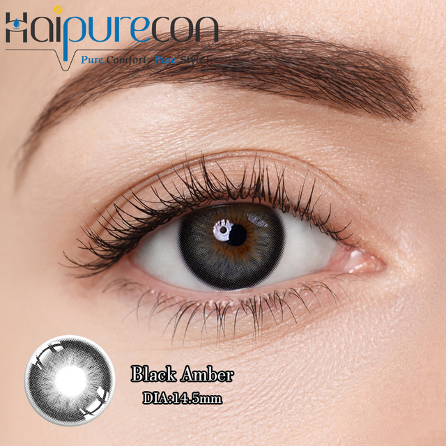 Haipurecon สีดำ Amber 14.5 มม.40 เปอร์เซ็นต์ปริมาณน้ำ 0.08 มม.ความหนาศูนย์สีดำรายปีคอนแทคเลนส์แบบใช้แล้วทิ้ง