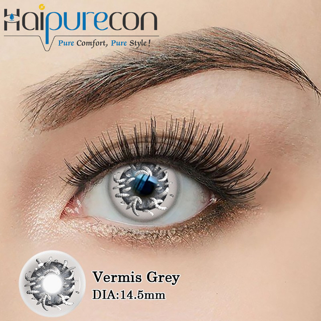 لنزهای تماسی Haipurecon Vermis Grey 14.5mm Cosplay 8.6mm قبل از میلاد 40% آب سالانه CE ISO کرم انگلی واقعی SFX هالووین